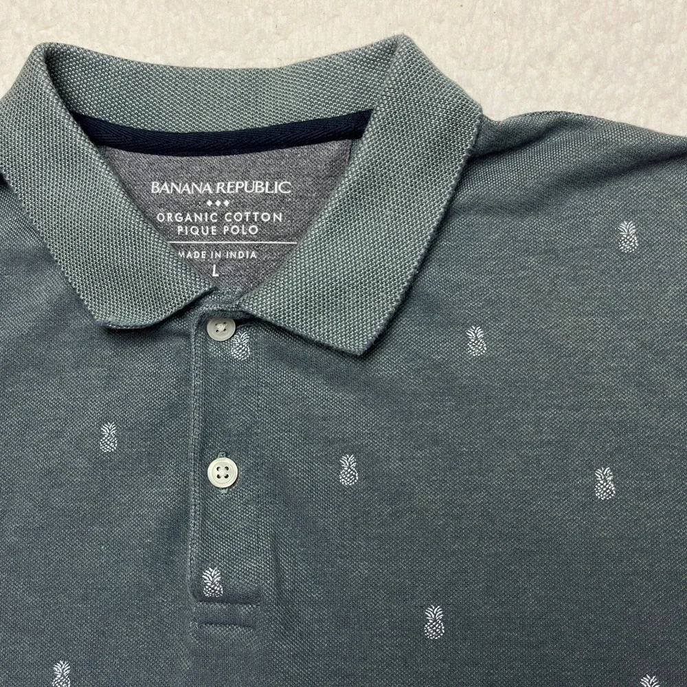 Banana Republic Polo Mens L Grey Tropical Pineapple Organic Cotton Pique Shirt